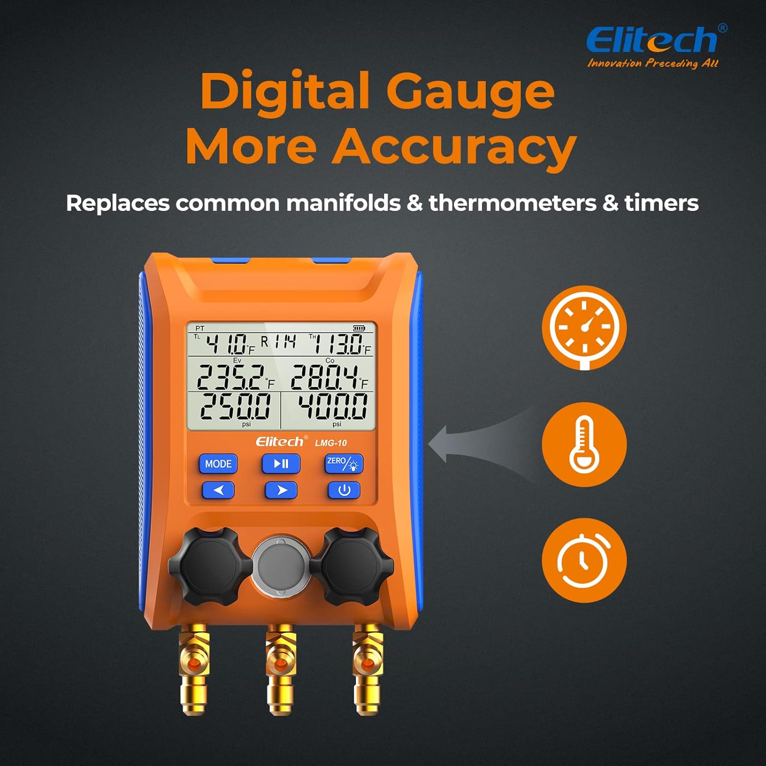 Elitech Kältetechnik Manometro Digitale Collettore di Ricarica, Set Manometrico Digitale ad Alta Precisione Tester Perdite di Pressione Temperatura Vuoto per Frigoriferi LMG-10