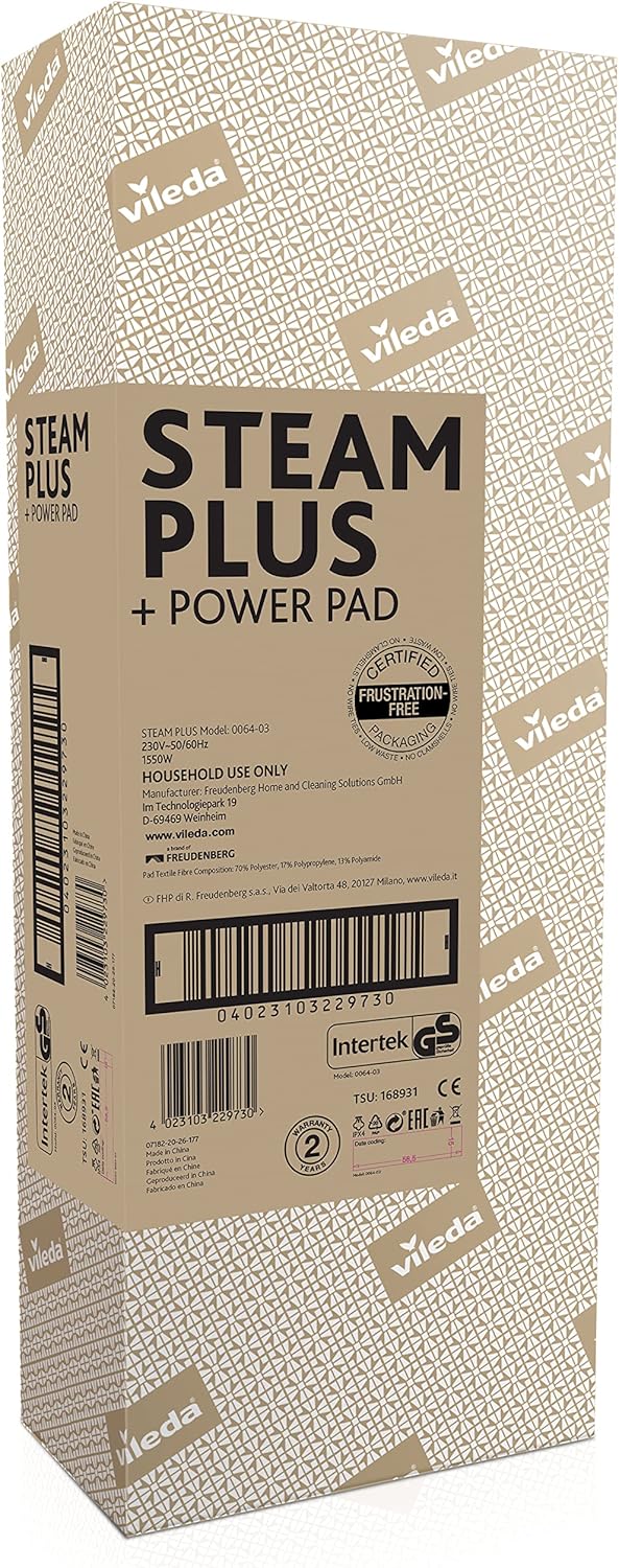 Vileda Steam Plus Dampfreiniger mit PowerPad, zustzl. 2 Mikrofaser-Ersatzpads, entfernt bis zu 99,9% der Bakterien und Viren, für alle Bden, ideal für Teppiche, Eco-Verpackung