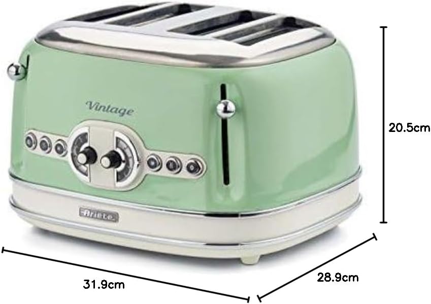 Ariete Vintage 156, 4-Scheiben-Toaster, Retro Toaster mit 6 Toaststufen, Automatischer Auswurf, Auftaufunktion, Herausnehmbares Krümelfach, Gehuse aus Edelstahl, 1600W, Beige