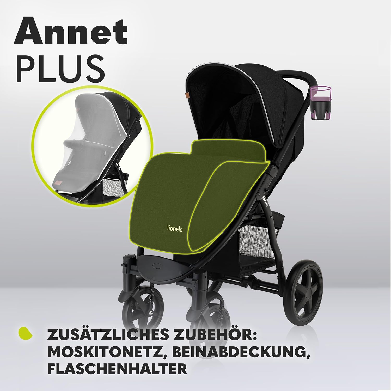 LIONELO Annet Buggy fino a 22 kg con funzione reclinabile, passeggino compatto richiudibile con accessori, ruote in schiuma EVA, zanzariera, coprigambe, portabevande, cestino (Golden Moments, Tour)
