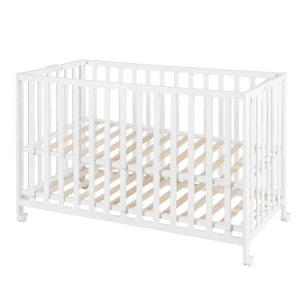 roba Klappbett Fold Up 60 x 120 - Klappbares Babybett aus Holz - 2-fach höhenverstellbar - Platzsparendes Gitterbett auf Rollen - Weiß