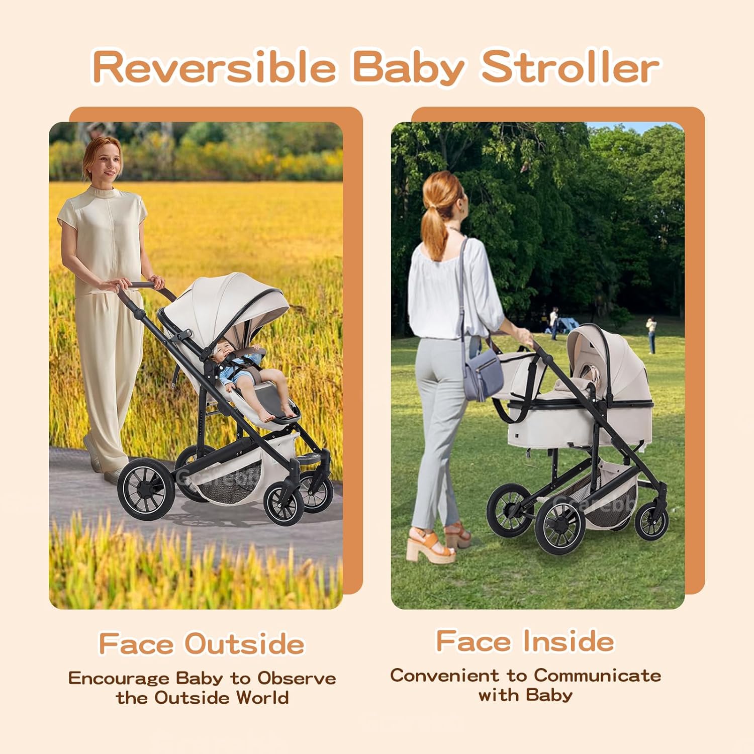 Gcarebb Passeggino 3 in 1, Buggy con Ovetto, Set Completo Passeggino Regolabile in Altezza, Passeggino Combinato con Telaio in Alluminio per Neonati 0-4 Anni
