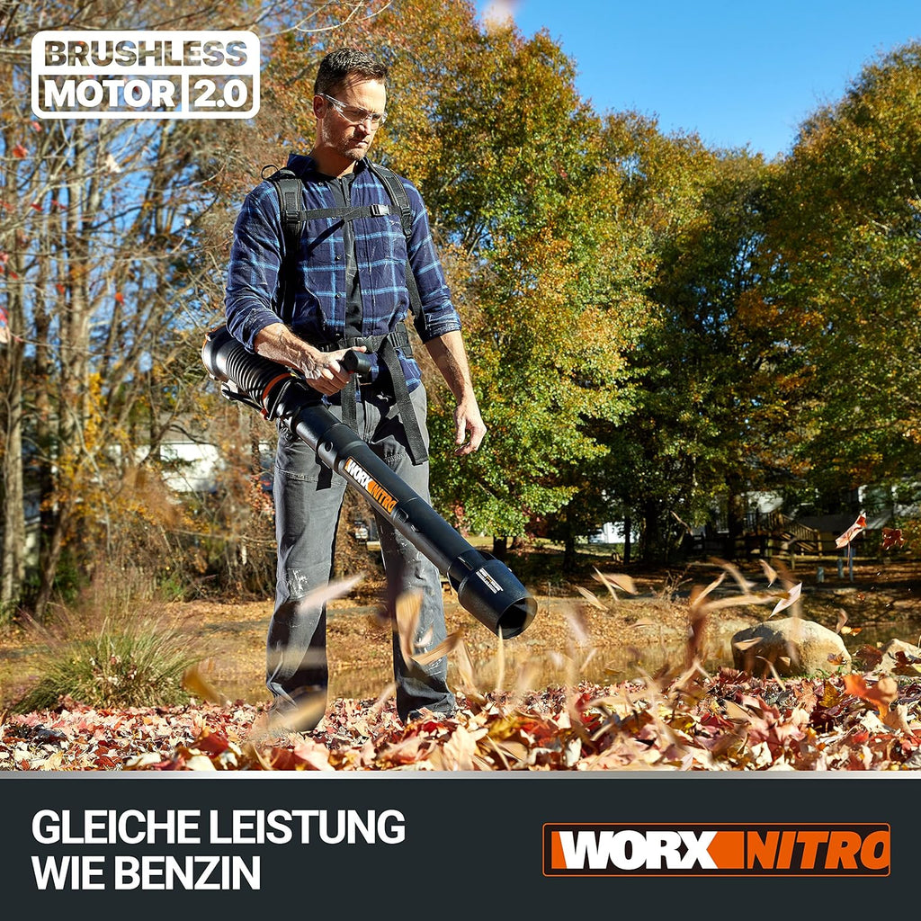 WORX NITRO 40V Profi Akku-Laubbläser WG585E.9 - starker bürstenloser Motor - 3 Geschwindigkeiten & 2 Modus - 266km/h Luftgeschwindigkeit - 1053m³/h Luftmenge - leicht & kompakt - ohne Akku & Ladegerät