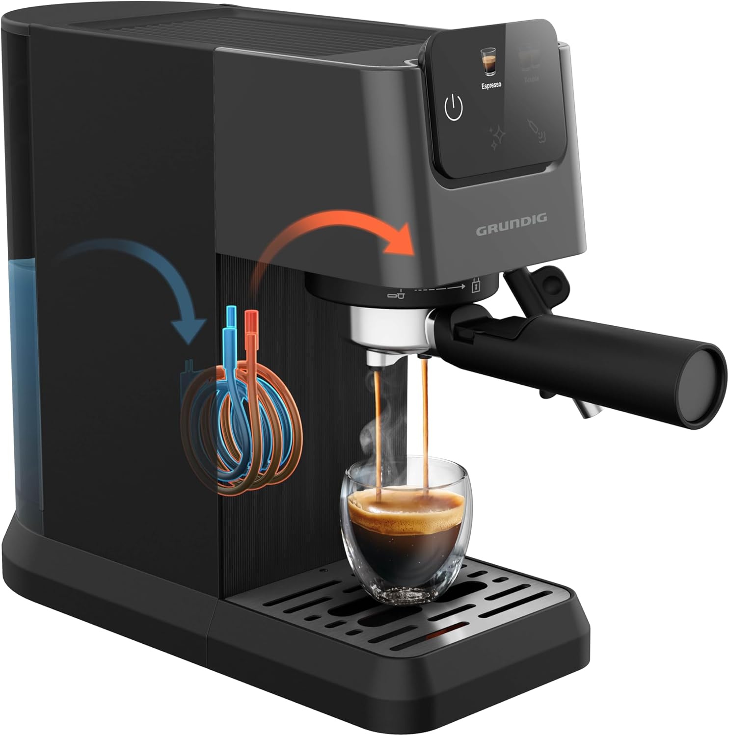 GRUNDIG KSM 5330 Macchina da caffè con portafiltro e contenitore per il latte integrato, 1628 W di potenza, 15 bar di pressione della pompa, ugello doppio, display touch a colori, BrewSense, CreamyPro, Inox scuro/Nero