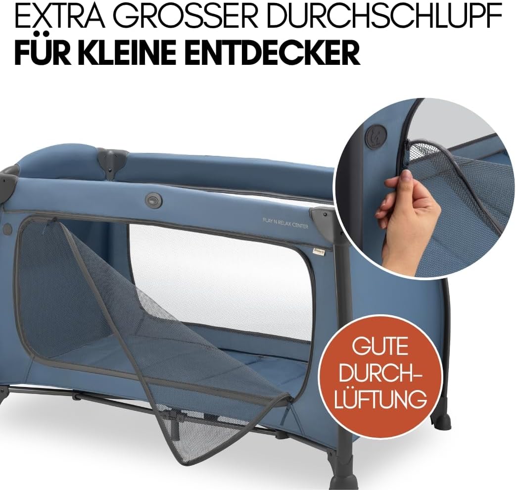 hauck Baby Reisebett Play n Relax Center Set mit Komfort Matratze und Insektenschutz - Babyreisebett mit Neugeborenen Einsatz, Wickelauflage und Tasche (höhenverstellbar & faltbar) - Dark Blue