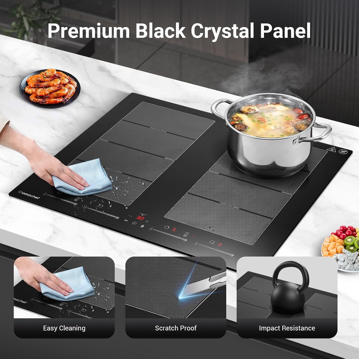 AMZCHEF Piano cottura a induzione con due zone flessibili, piano cottura a induzione a 4 zone con funzionamento silenzioso (42 dB), 9 livelli di potenza e Booster - Funzione BBQ, funzione Pausa e Mantieni caldo, 7400 W