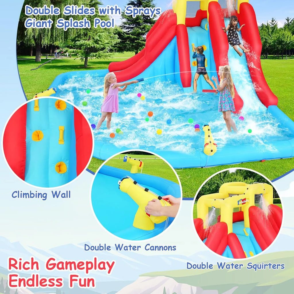 Scivoli d'acqua gonfiabili per bambini, parco acquatico gonfiabile 8-in-1 con soffiatore da 450 W, parete da arrampicata, piscina, 2 cannoni ad acqua, canestro da basket, scivolo ad acqua, irrigatore a coccodrillo come regalo per una festa in giardino