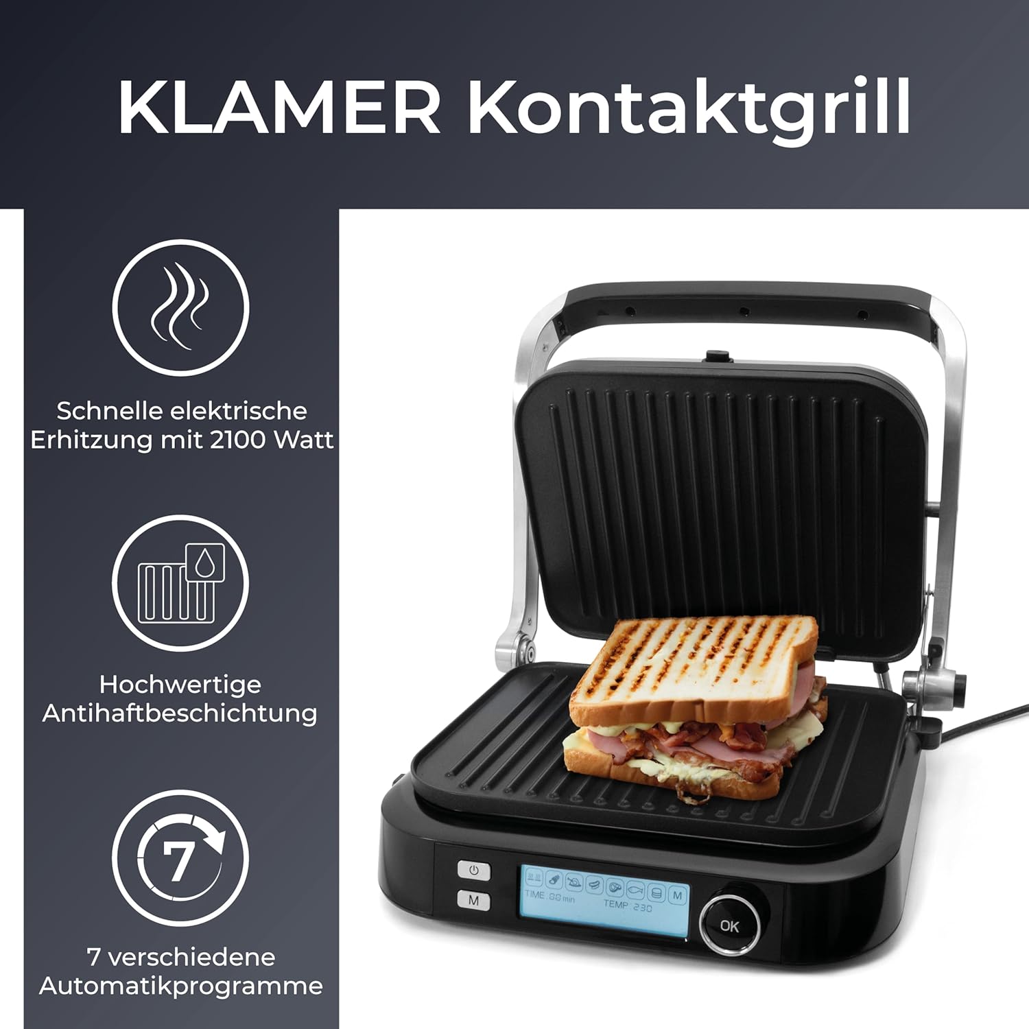 KLAMER Kontaktgrill, 7 Automatikprogramme, abnehmbare Platten, Antihaftbeschichtung, 2100W starker Plattengriller mit Cool-Touch-Griff, Schwarz & Edelstahl