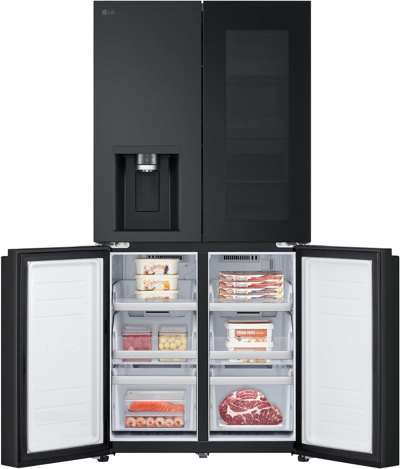 LG GMG861EPAE InstaView SLIM Multi-Door, Classe E, 508 L, Frigorifero Combinato, Erogatore di acqua, ghiaccio e ghiaccio tritato con UVnano, Total NoFrost, Compressore Smart Inverter, Wi-Fi, Colore Nero Opaco