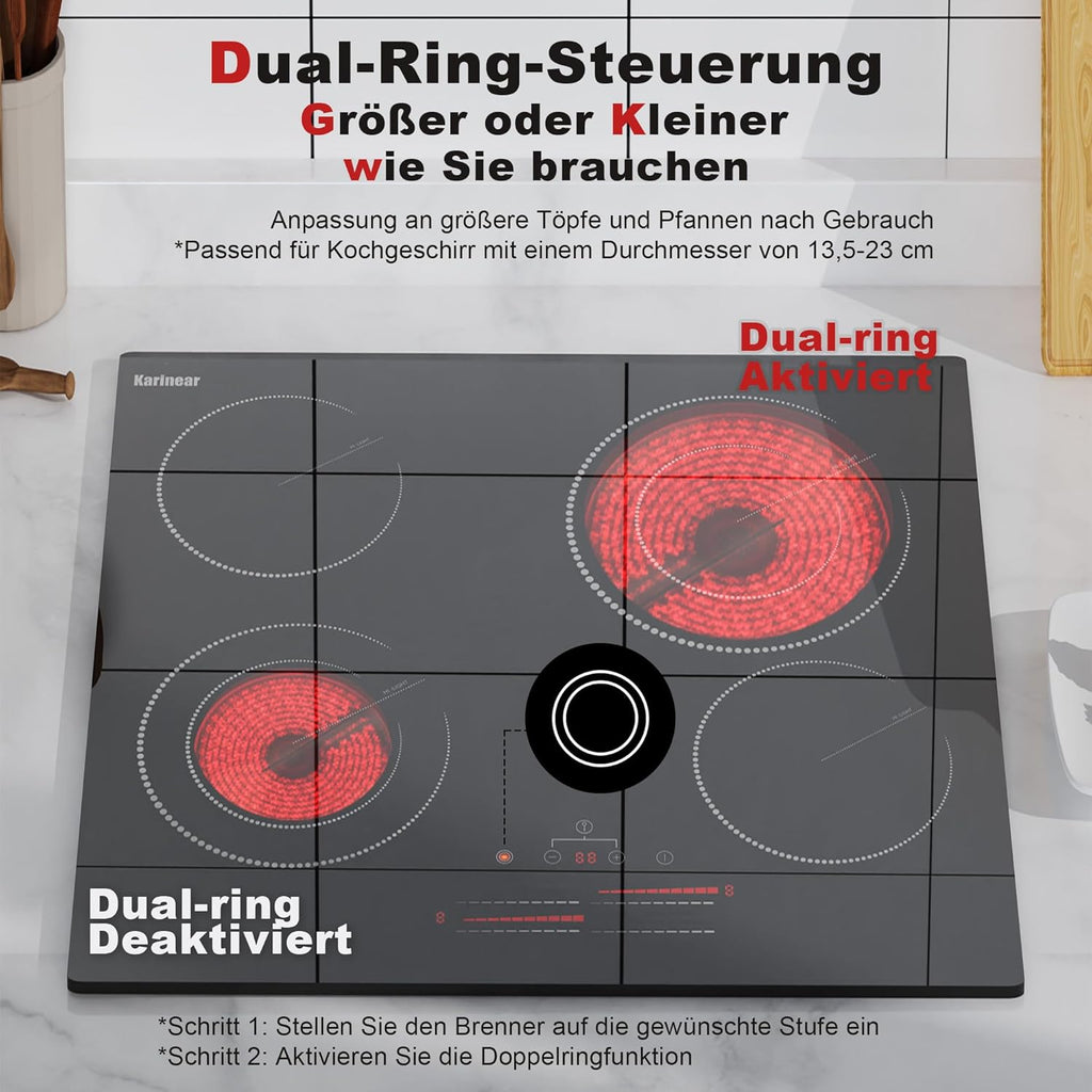 Karinear Einbau-Kochfeld aus Glaskeramik, 4 Kochfelder, mit doppelter ausziehbarer Zone, integrierter elektrischer Tisch mit Touch-Steuerung, Timer, Verriegelung für Kinder, 6600 W