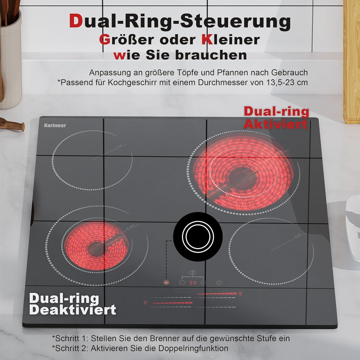 Karinear Einbau-Kochfeld aus Glaskeramik, 4 Kochfelder, mit doppelter ausziehbarer Zone, integrierter elektrischer Tisch mit Touch-Steuerung, Timer, Verriegelung für Kinder, 6600 W