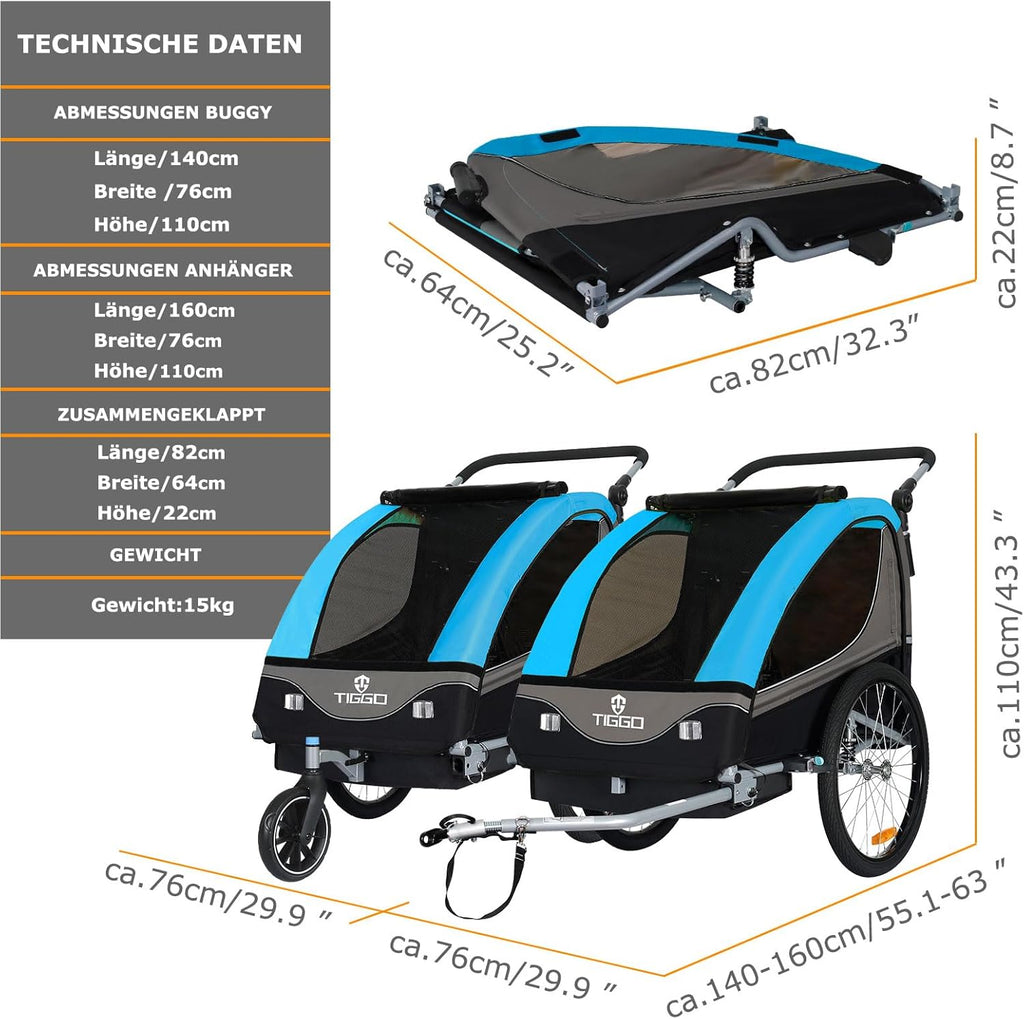 Tiggo S2 Rimorchio per Bambini con Sospensioni Jogger 2 in 1 Passeggino Bicicletta Rimorchio Girevole a 360°