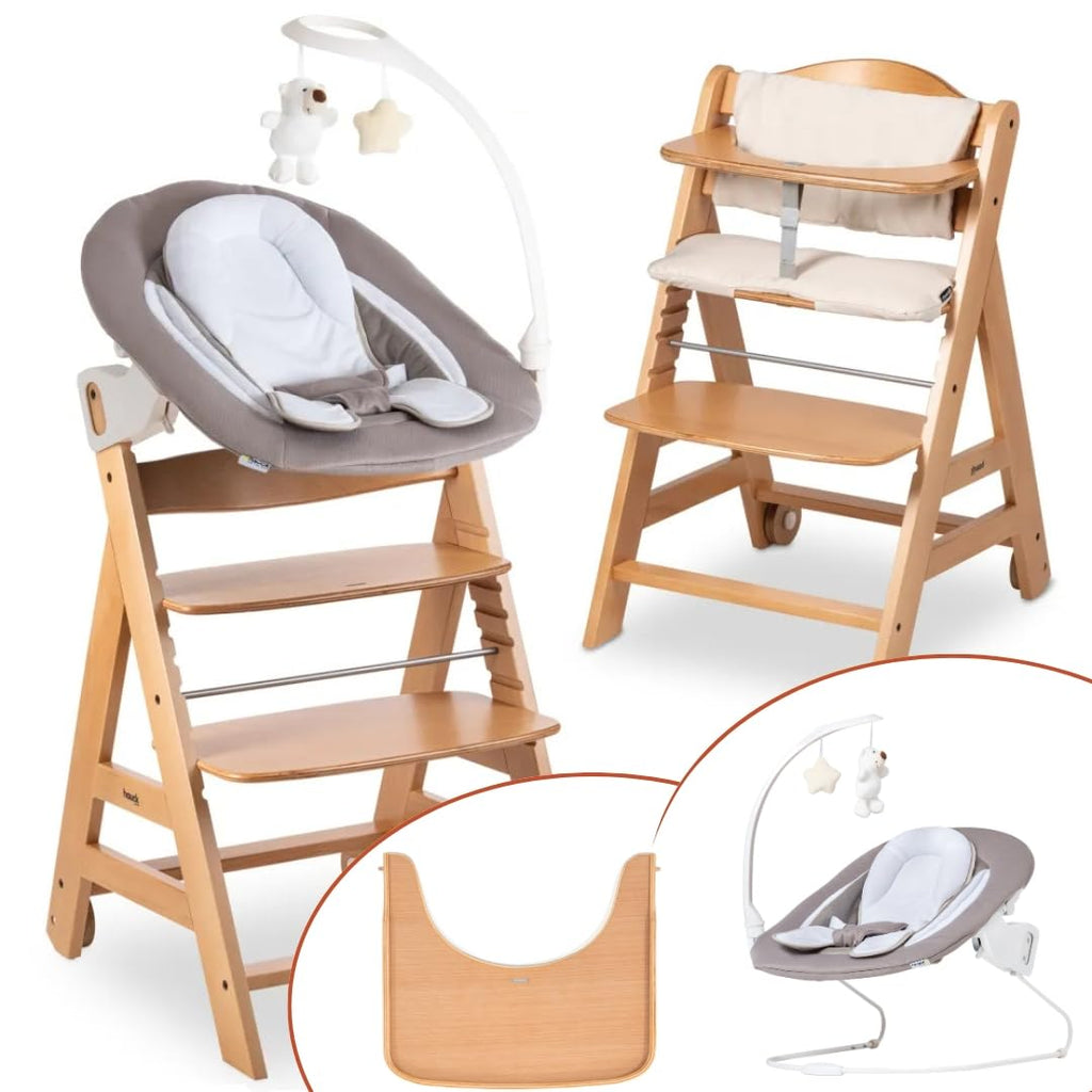 Hauck Seggiolone Beta+ Newborn Set Deluxe - Set Seggiolone Pappa dalla Nascita con Sdraietta Neonato, Cuscino e Vassoio - Naturale