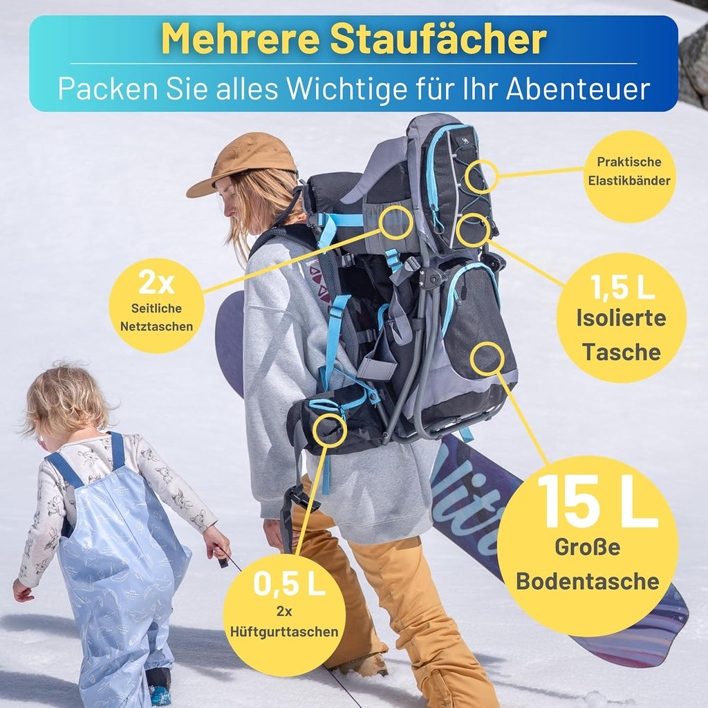 Dromader Kraxe Kindertrage bis 22kg – Kindertrage Wandern mit Sonnendach, Regenschutz, Thermotasche, Wickelmatte – Einhändig klappbare Rahmen – Blau