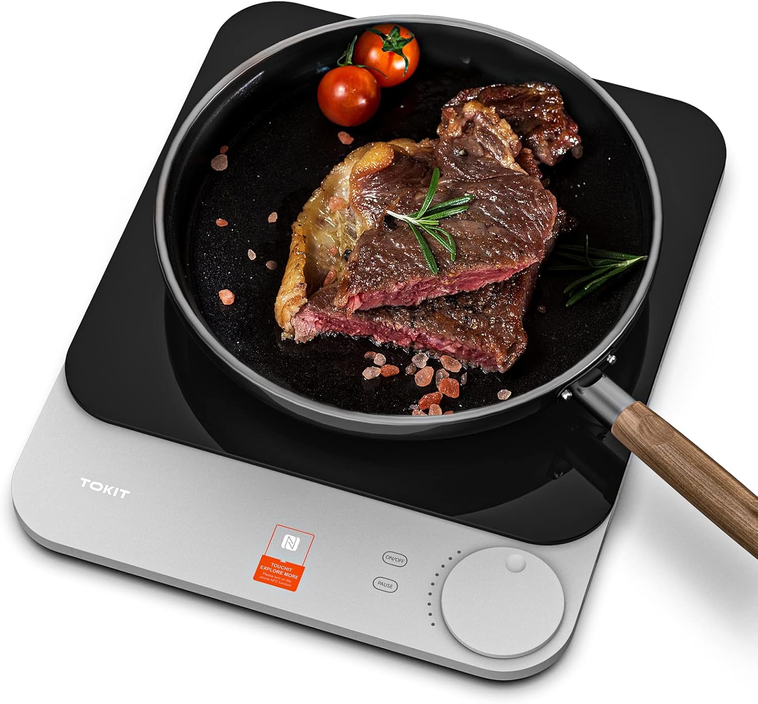 TOKIT Induktionskochfeld 2100W Einzel Induktionskochplatte tragbar 99 Leistungsstufe mit OLED Display, Timer, 20mm Ultradünn APP Kontrol Temperatursensor, aus Glas