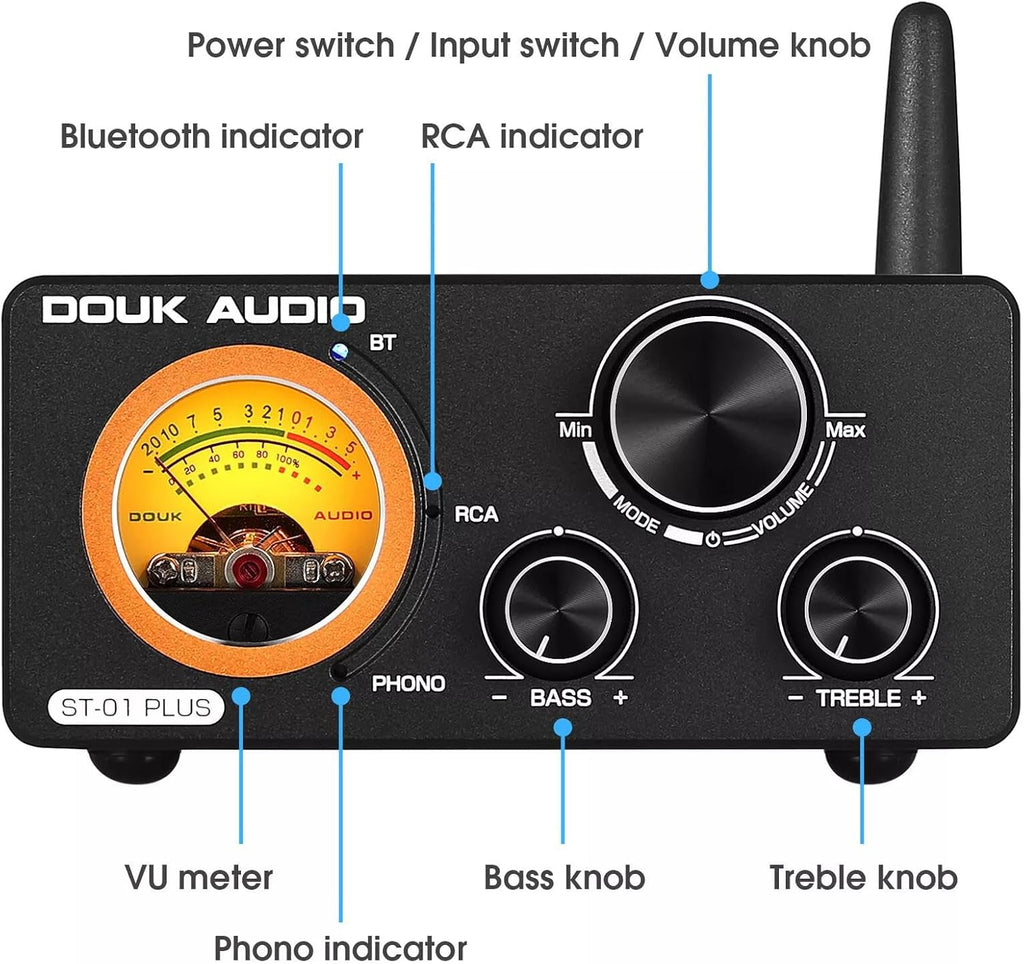 Douk Audio ST-01 PRO Amplificatore HiFi, Mini Amplificatore a Valvole da 200W con Bluetooth 5.0, VU Meter, Ingresso USB DAC Coassiale/Ottico (ST-01PRO)