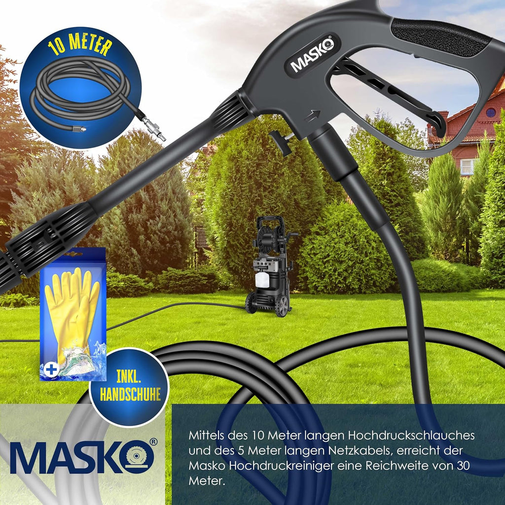 MASKO® Idropulitrice 2200 Watt 165 bar 450 l/h, con avvolgitubo 10m, set accessori 9 pezzi, con serbatoio per sapone e ugello schiumogeno, pistola ad alta pressione per auto/recinzioni/giardino/pati (Grigio)