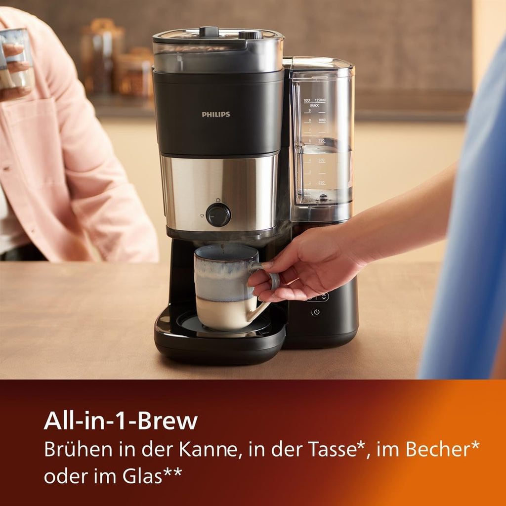 Philips Macchina da caffè con filtro All-in-1 - macinacaffè conico integrato per caffè appena macinato - doppio contenitore per chicchi, caraffa in vetro da 1,25 l, impostazione personalizzata dell'intensità (HD7900/50)