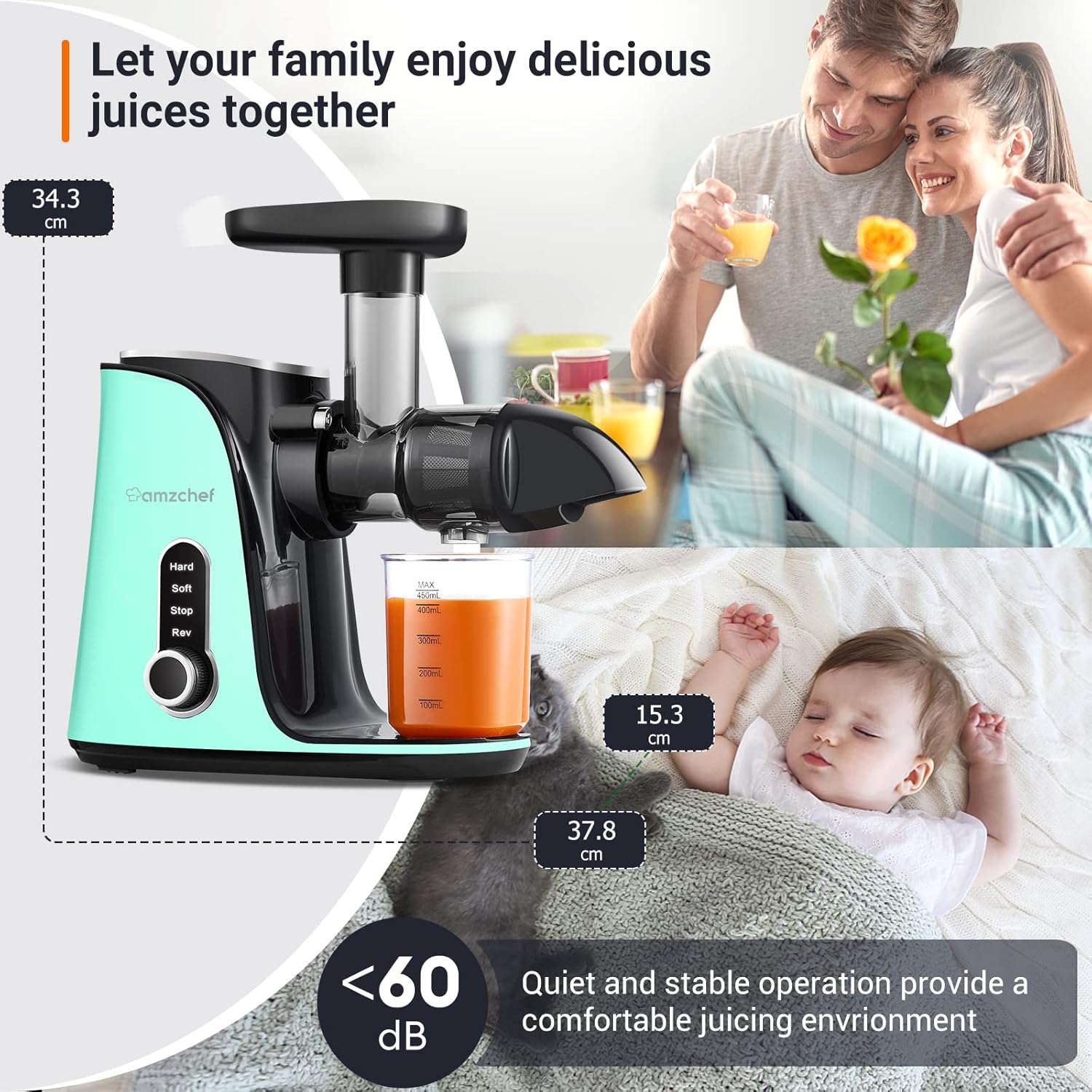 AMZCHEF Estrattore di Succo per Frutta e Verdura con 2 Modalità di Velocità - Slow Juicer con Bottiglia Portatile e 2 Tazze - Cold Press Juicer Senza BPA con LED Intelligente e Funzione di Inversione - Nero