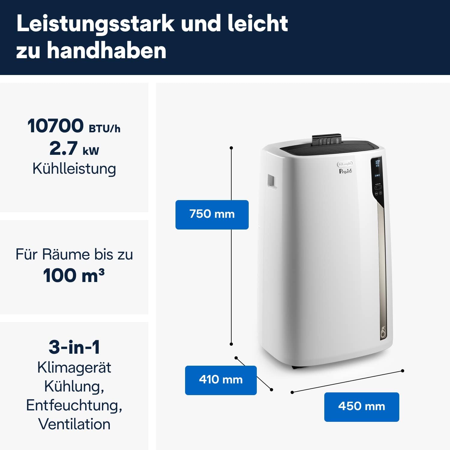 De'Longhi Pinguino PAC EM82, Condizionatore Portatile per ambienti fino a 80 m, 9.400 BTU, 2,4 kW, 63 dB, Funzione Deumidificatore, Classe Energetica A, Timer 24h, Bianco