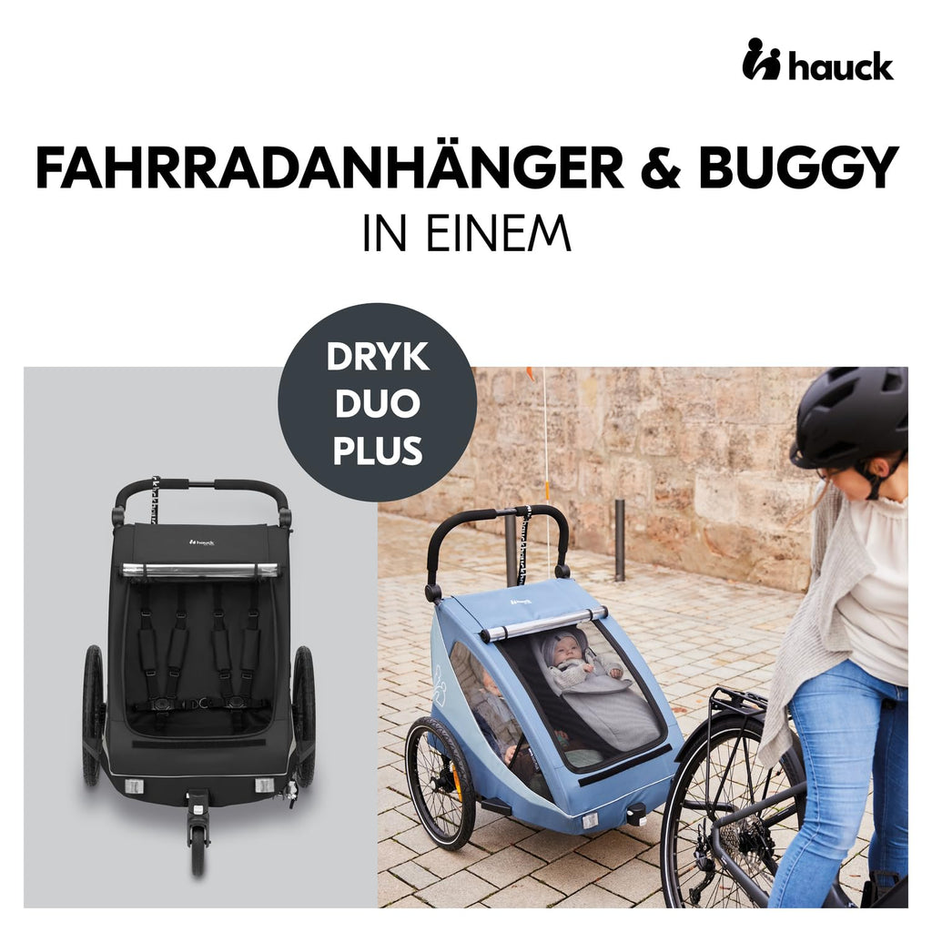 hauck Rimorchio Bici & Passeggino Dryk Duo Plus con Sospensioni, per 2 Bambini (6-48 mesi), incl. Timone, Ruota da Passeggino, Bandierina e Luce LED, Pieghevole, Regolabile in Altezza, Baule XL (Verde Scuro)