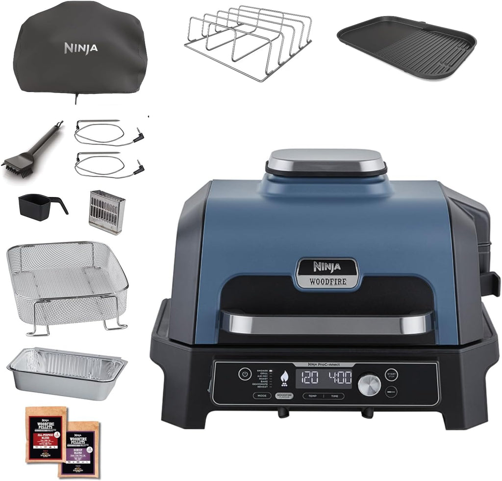 Ninja Woodfire Barbecue Elettrico & Affumicatore & Friggitrice ad Aria, Barbecue da Esterno 7-in-1, Frigge ad Aria, Affumica, Arrostisce, Cuoce al Forno e Altro, Resistente alle Intemperie, Antiaderente, Portatile, Elettrico, Grigio/Nero OG701EU