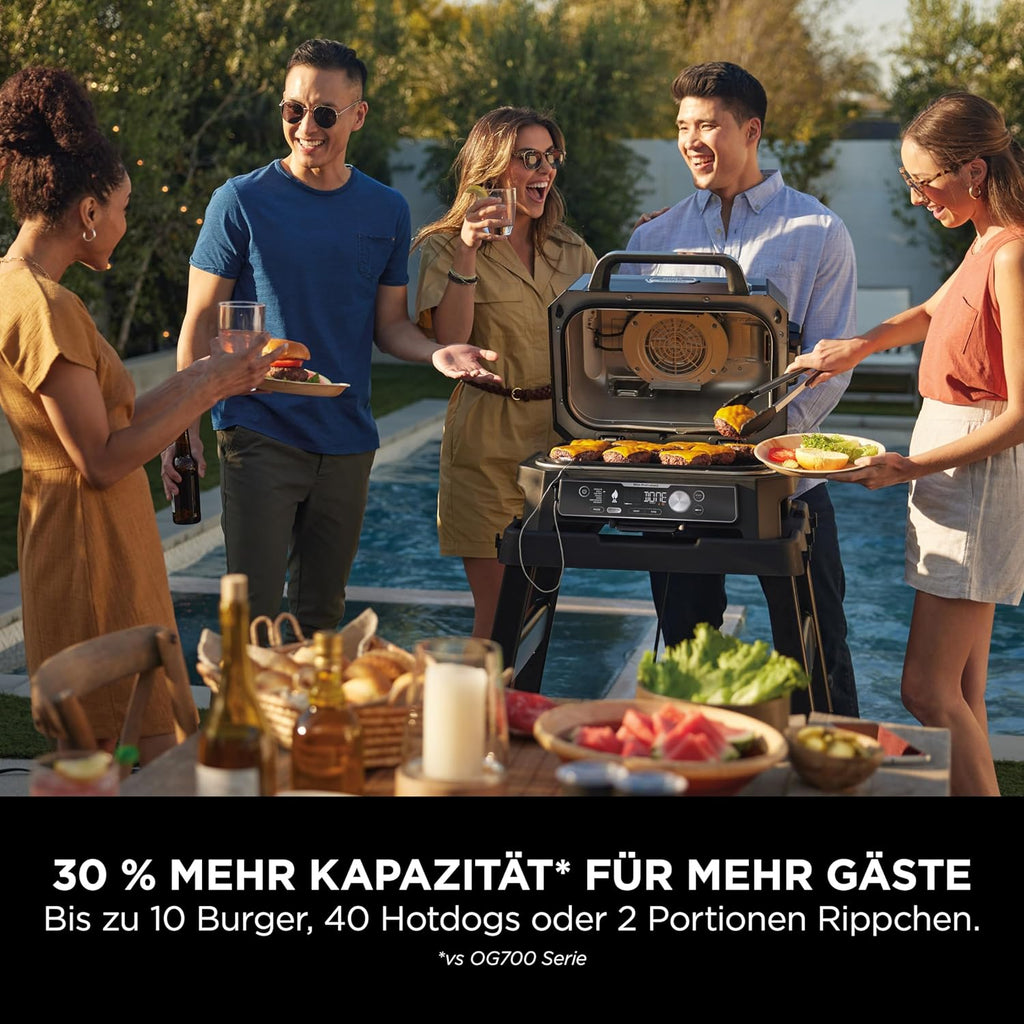 Ninja Woodfire BBQ elettrico e affumicatore e friggitrice ad aria, grill da esterno 7 in 1, friggitrice ad aria, affumicatore, arrostitore, forno e altro ancora, resistente alle intemperie, antiaderente, portatile, elettrico, grigio/nero OG701EU