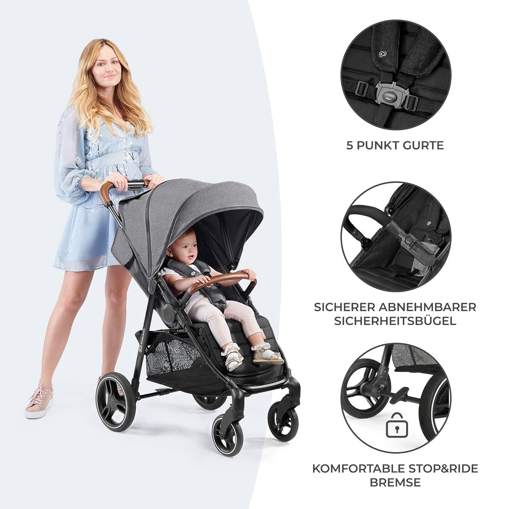Kinderkraft GRANDE PLUS Passeggino Kinderkraft dalla nascita fino a 22 kg, chiusura con una mano, posizione reclinata, cappottina grande con finestra, tutte e 4 le ruote ammortizzate, seduta spaziosa, Grigio