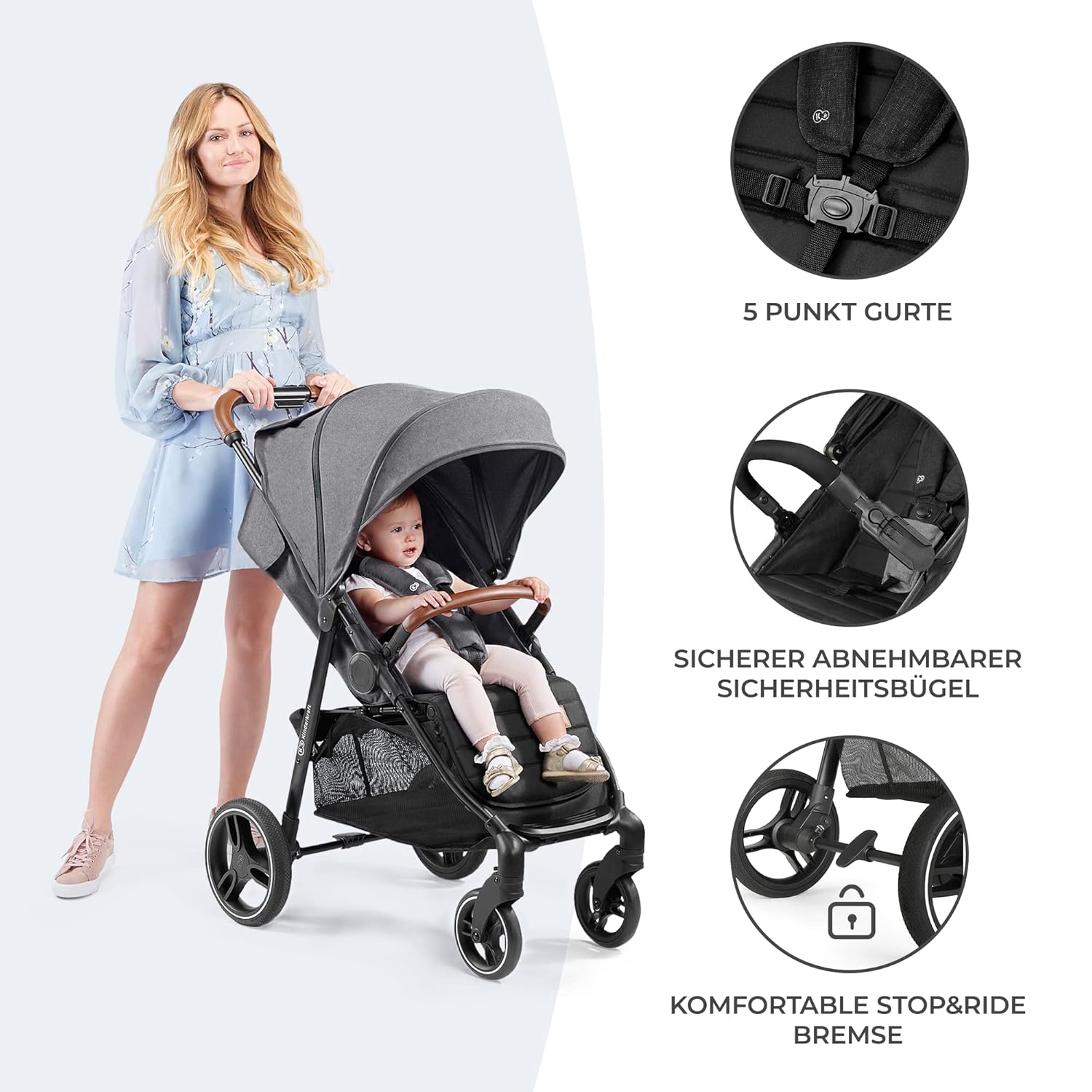 Kinderkraft GRANDE PLUS Passeggino Kinderkraft dalla nascita fino a 22 kg, chiusura con una mano, posizione reclinata, cappottina grande con finestra, tutte e 4 le ruote ammortizzate, seduta spaziosa, Grigio