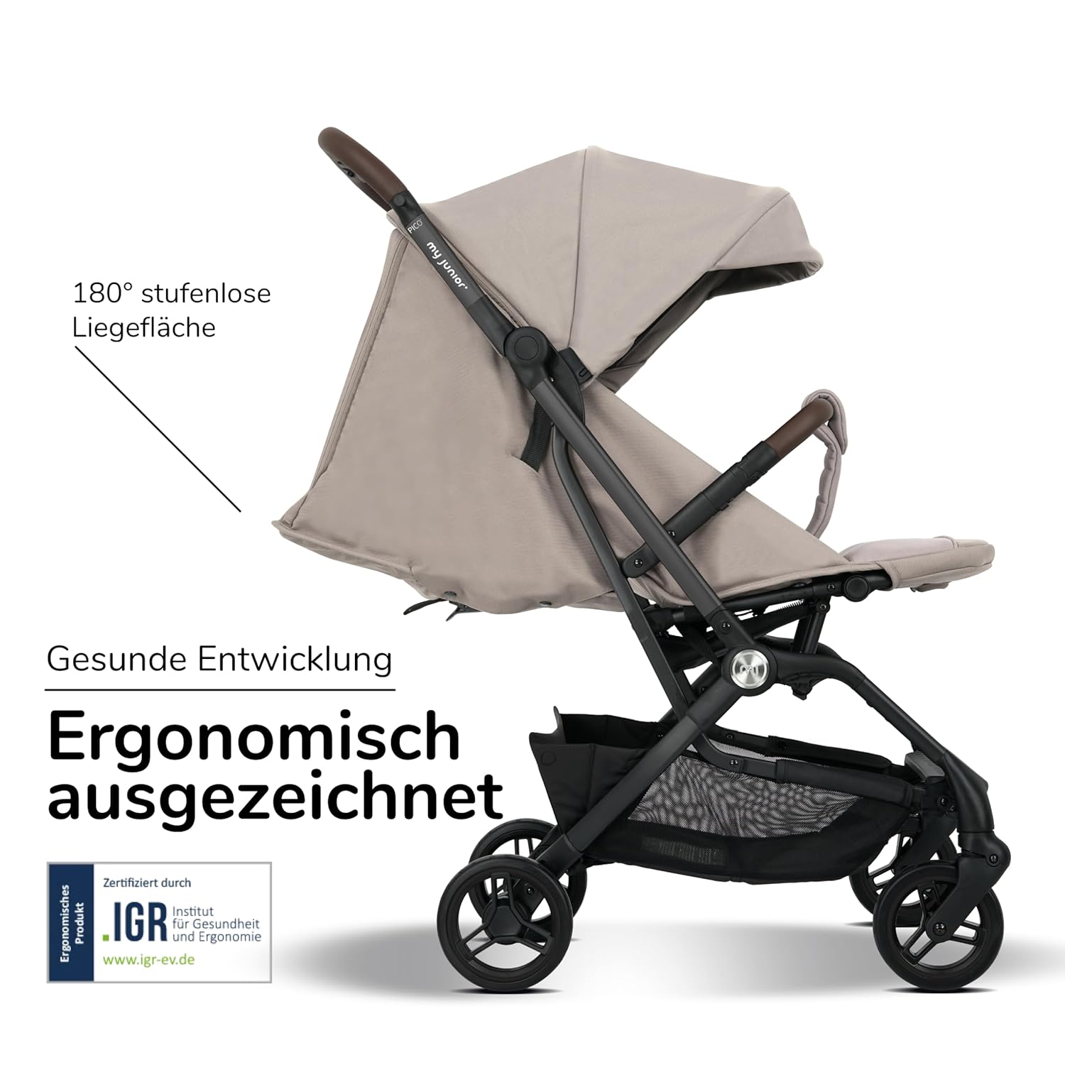 my junior® Buggy PICO³ | bis 22kg | Einhand AutoFold-Klappmechanismus | Ergonomische Liegeposition nach IGR e.V. | großes Sonnenverdeck UV50+ | Handgepäckmaß | 2 Belüftungsfenster Hazel - Black