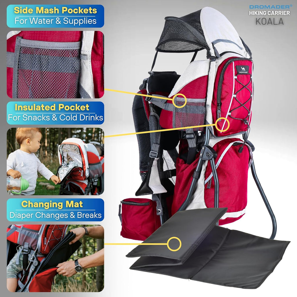 Dromader Kraxe Kindertrage bis 22kg – Kindertrage Wandern mit Sonnendach, Regenschutz, Thermotasche, Wickelmatte – Einhändig klappbare Rahmen – Blau