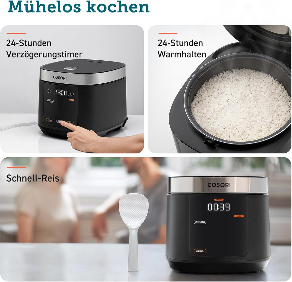 COSORI Cuociriso, Multicooker con 17 Programmi, Cuociriso 1,8 L, Fuzzy-Logic, Vaporiera con Inserto in Acciaio Inossidabile, Ricettario, Slow Cooker, Pentola Interna Premium, Funzione Mantenimento in Caldo, Timer, Nero
