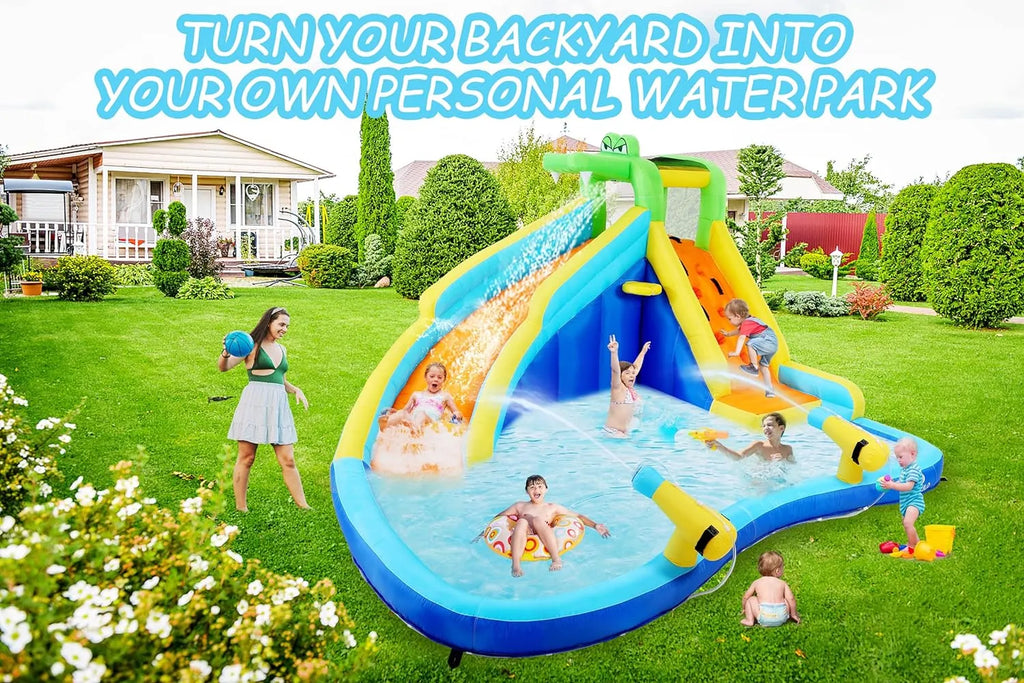 Scivoli d'acqua gonfiabili per bambini, parco acquatico gonfiabile 8-in-1 con soffiatore da 450 W, parete da arrampicata, piscina, 2 cannoni ad acqua, canestro da basket, scivolo ad acqua, irrigatore a coccodrillo come regalo per una festa in giardino