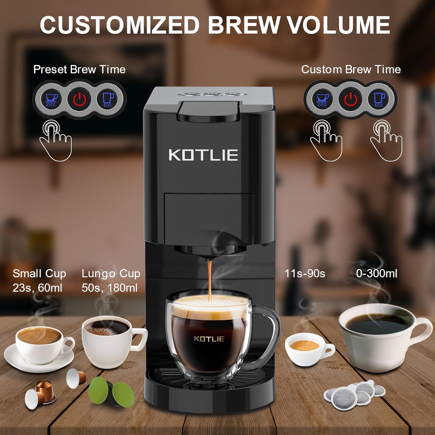 KOTLIE AC-513HF 5 in 1 Kaffeemaschine für NES/DG/a modo mio/Gemahlener Kaffee/ESE(44mm), Höhe für große Tassen (Schwarz)