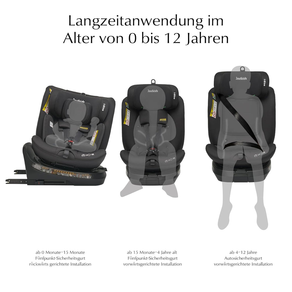 Jovikids 360° Drehbar Kindersitz mit ISOFIX und Ruheposition, i-Size(ECE R129) 40-150cm(0-36kg) Reboarder Baby Autositz, ab Geburt -12 Jahre (schwarz)