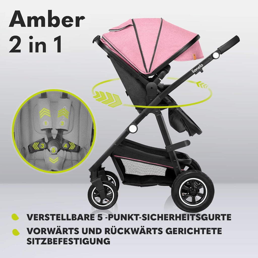 LIONELO Amber Kinderwagen 2 in 1 Kombikinderwagen, Kinderwagen Set mit sportlichen Sitz und fester Babywanne, Tasche, Moskitonetz, Abdeckung Regenblatt (Graphit)