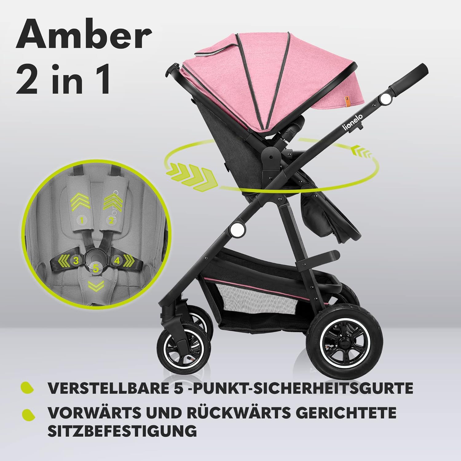 LIONELO Amber Kinderwagen 2 in 1 Kombikinderwagen, Kinderwagen Set mit sportlichen Sitz und fester Babywanne, Tasche, Moskitonetz, Abdeckung Regenblatt (Graphit)