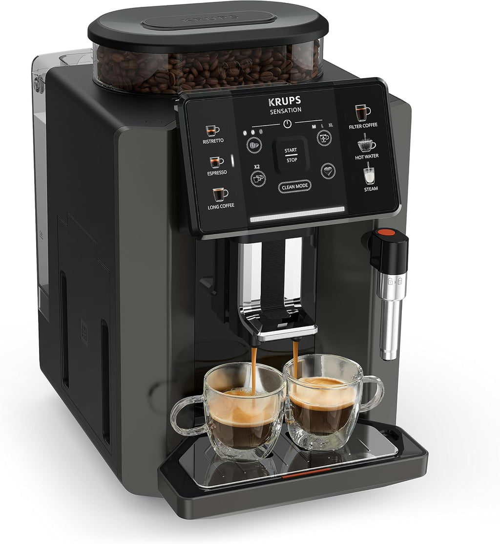 Krups Sensation Macchina da Caffè Automatica, Lancia Vapore, 5 Bevande, Funzione Caffè Filtro, Funzione 2 Tazze, Caffettiera, Nero, EA910810