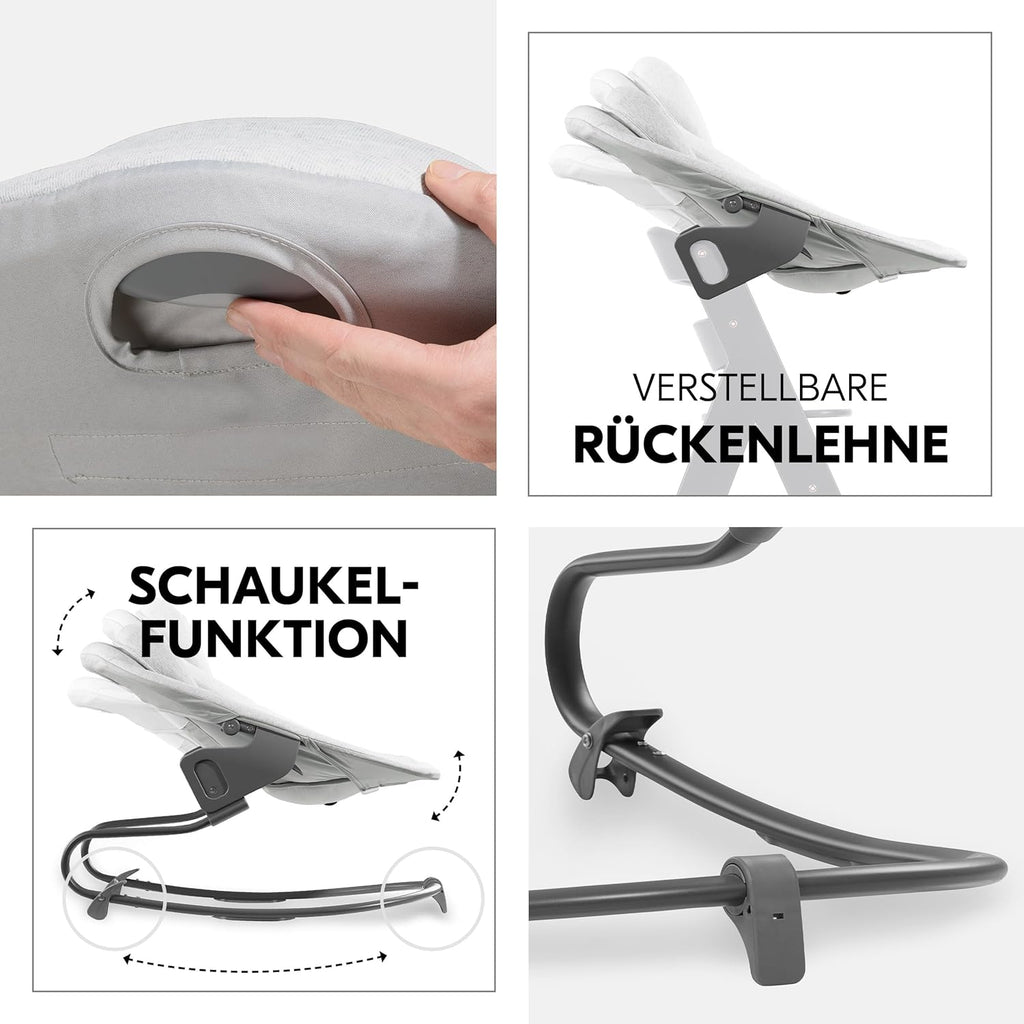hauck Alpha Plus Newborn Set mit Premium Bouncer Dark Grey - Baby Holz Hochstuhl ab Geburt mit Liegefunktion - extra flacher Aufsatz für Neugeborene & Baumwoll Sitzpolster - Grau