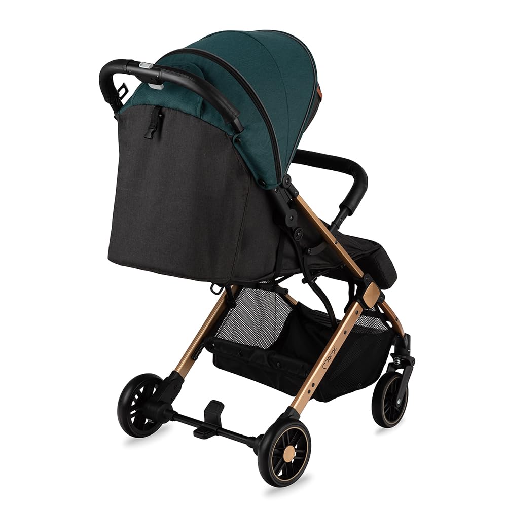 MOMI ESTELLE Kinderwagen für Kinder ab 6 Monat bis zu max körpergewicht von 15 kg, klappbar auf die Maße 65 x 51 x 21 cm, gewicht 7,5 kg, 5-Punkt-Sicherheitsgurt, koffer, grau-gold, Räder 6''/6,5''