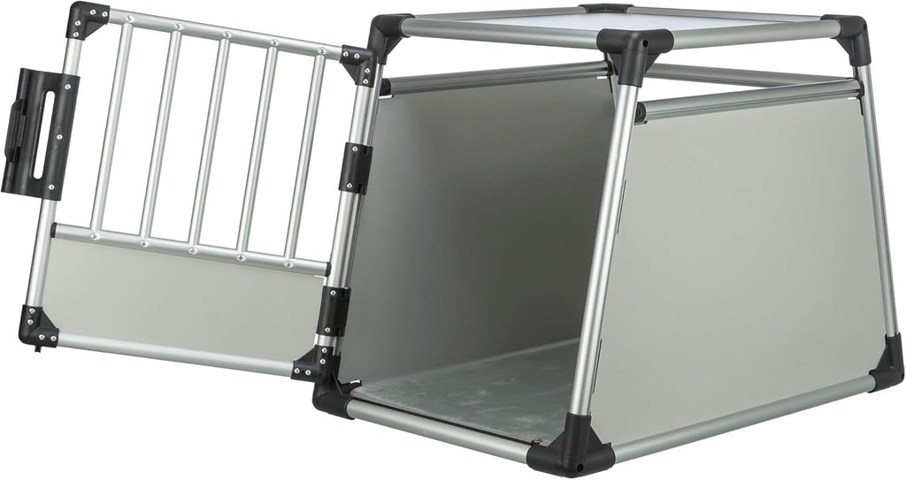 TRIXIE Hunde-Transportbox Aluminium in silber – M: 55 × 62 × 73 cm, stabile und geräuscharme Hundebox mit abgeschrägten Seiten, Sicherheitsverschluss & rutschfester Liegematte – 39342