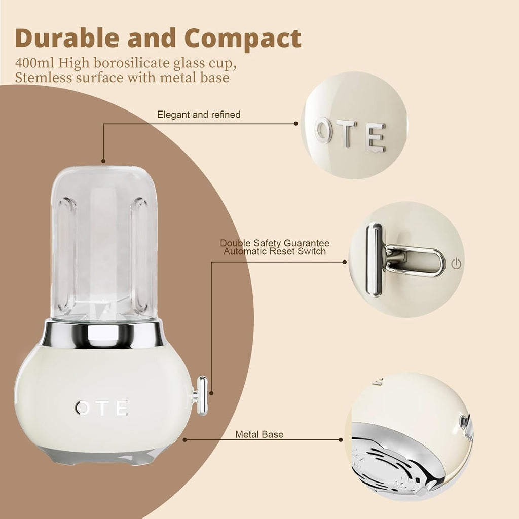 OTE Tragbarer Persnlicher Standmixer, Glasmixer Juicer, Edelstahlgehuse und 400 ml dickes Borosilikatglas-Design Standmixer Mini Blender, 20.000 U/min, Geeignet für Sfte, Reisen, BPA-Free, Wei