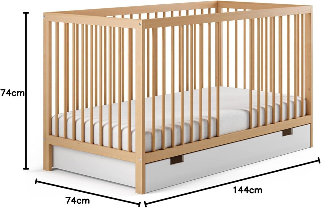 Kids Collective Lettino per neonati 60x120 regolabile in altezza e sponde rimovibili, opzionale con cassetto e materasso | Legno di faggio bianco molto stabile Prodotto in Europa