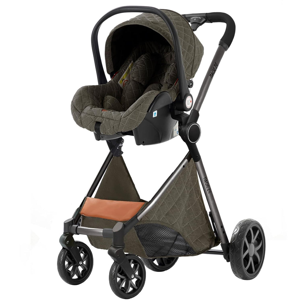 Sianldcone Passeggino 3 in 1, Set Passeggino con Tessuti di Alta Qualità, Sistemi di Viaggio con Spinta Reversibile, Passeggino Combinato a Vista Aperta Set Completo 3 in 1 (V9 Cachi)