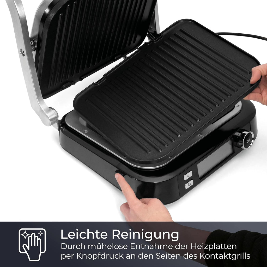 KLAMER Kontaktgrill, 7 Automatikprogramme, abnehmbare Platten, Antihaftbeschichtung, 2100W starker Plattengriller mit Cool-Touch-Griff, Schwarz & Edelstahl