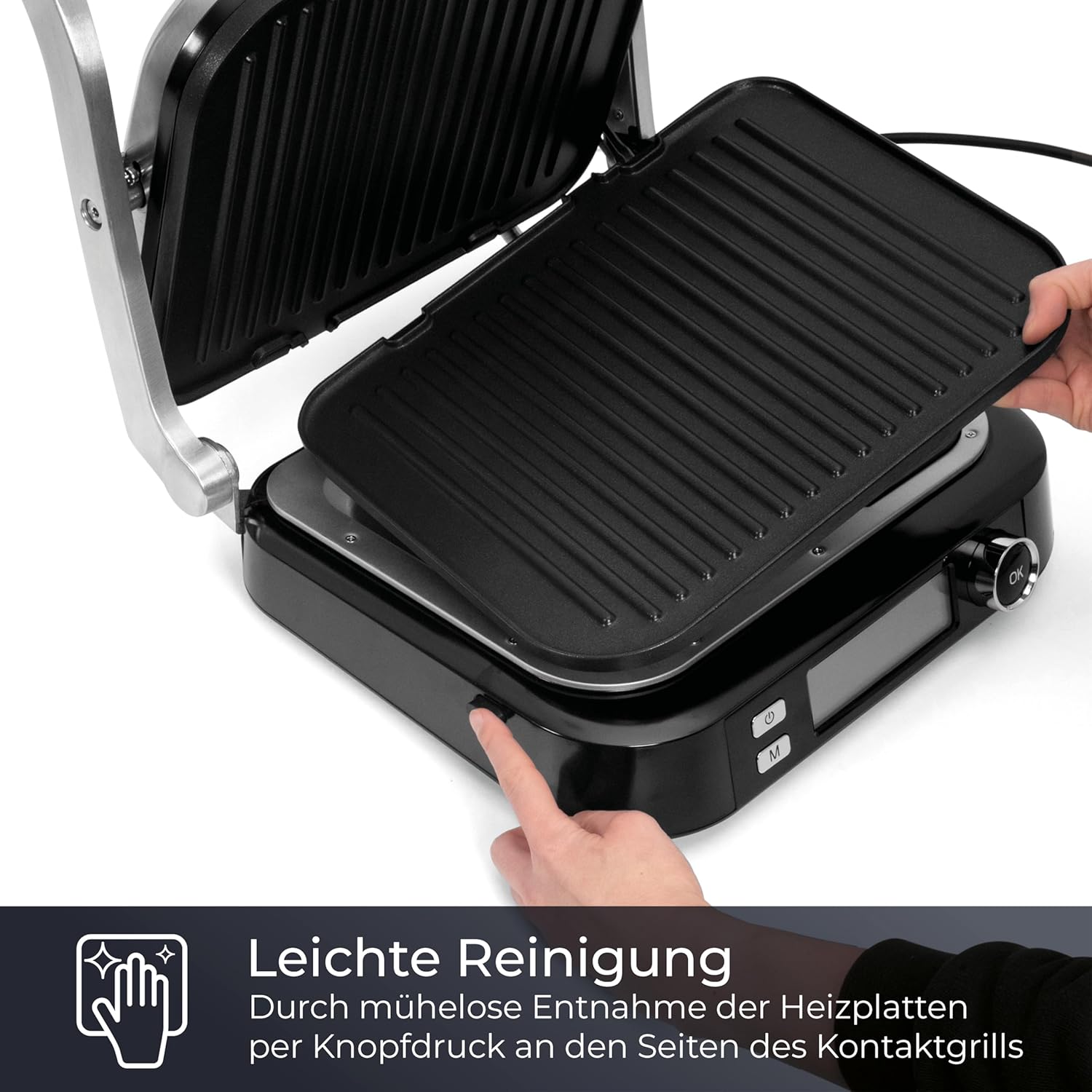 KLAMER Kontaktgrill, 7 Automatikprogramme, abnehmbare Platten, Antihaftbeschichtung, 2100W starker Plattengriller mit Cool-Touch-Griff, Schwarz & Edelstahl