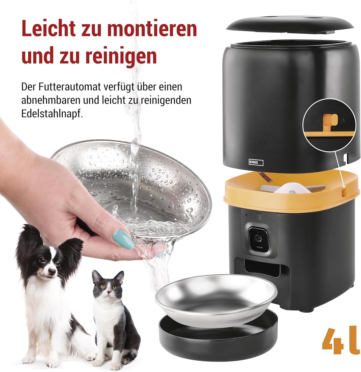 EMOS - GoSmart Futterautomat 6 l mit Kamera - WLAN Pet Care Futterspender mit App - Trockenfutter Automat für Katze & Hund mit Zeitplan, Sprachaufzeichnung, Dosierung 1–12 Mahlzeiten pro Tag - Schwarz