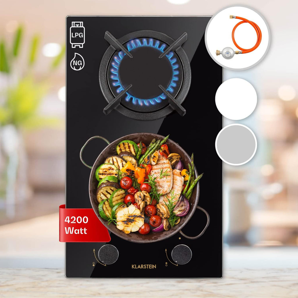 Klarstein Gasherd, Gaskochfeld 4 Flammig, Einbau-Gaskocher für Zuhause & Wohnmobil, Campingkocher mit Glasplatte, Gasherd für Propan- und Erdgas, Edelstahl Gas-Herdplatte Wok Brenner 8000 Watt