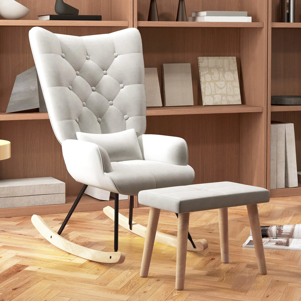 HOMCOM Relaxsessel mit Hocker Schaukelstuhl Set Samt Cremeweiß
