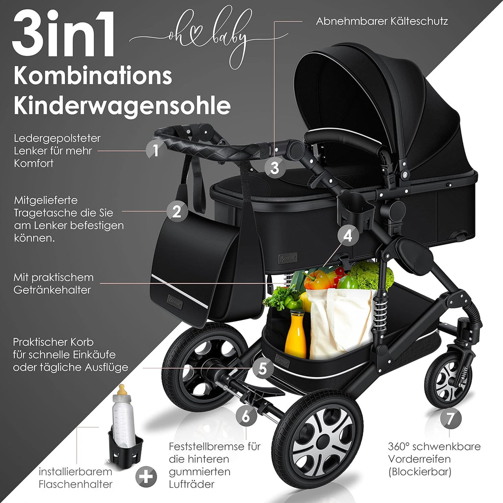 KESSER® Loops Passeggino Trio 3 in 1, Set Completo con Navicella, Seduta Passeggino e Seggiolino Auto Ovetto, Ruote in Gomma Piena, Borsa Fasciatoio, Parapioggia, Tavolino, ECE R129, Nero/Champagne